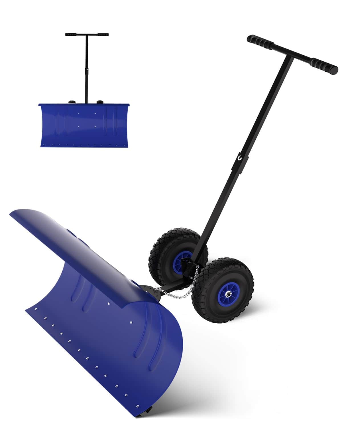 Babevy - 36" Snow Pusher with Wheels, Heavy Duty Single Rod Steel Blade, 60° Tilt Handle & 5-Position Angle for Driveway - Blue