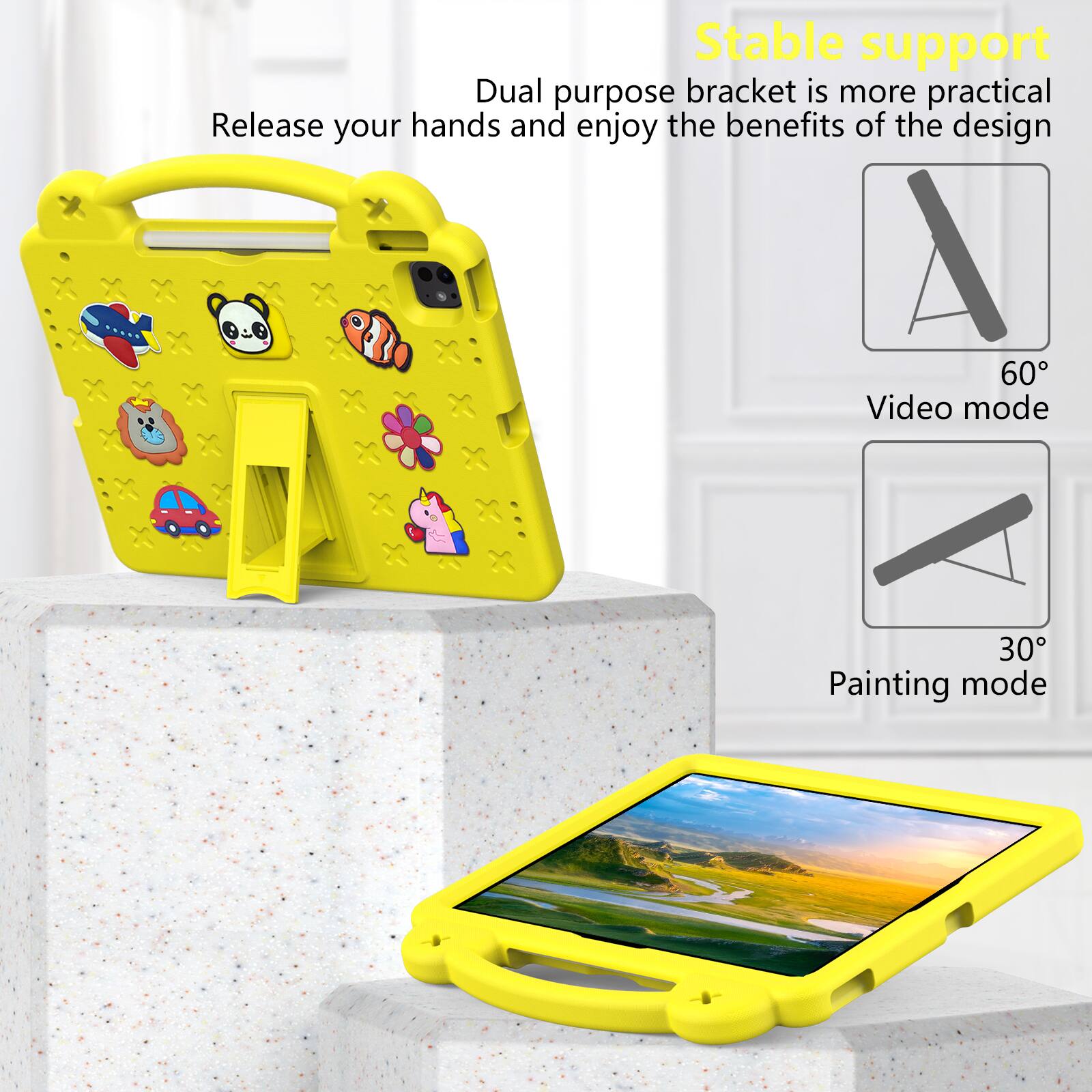 Stable support  
Dual purpose bracket is more practical  
Release your hands and enjoy the benefits of the design  

60° Video mode  
30° Painting mode