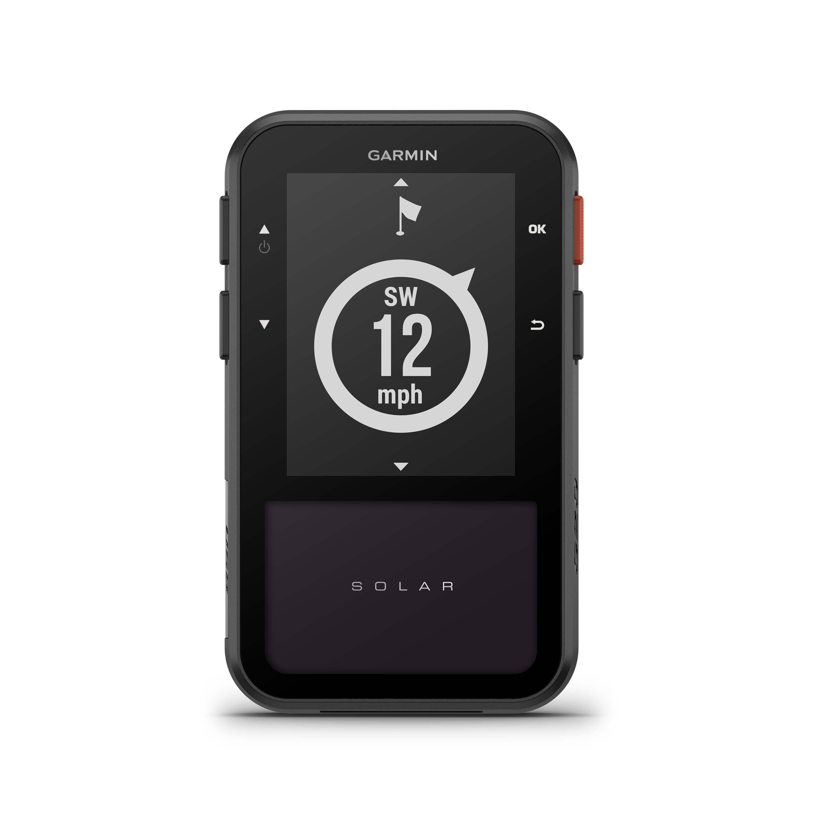 The text on the image reads "GARMIN OK SW 12 mph U SOLAR." This can be grouped and corrected as follows:

"GARMIN OK SW 12 mph U SOLAR" can be rearranged to read "GARMIN OK SW 12 mph U SOLAR." The text is describing a Garmin device that is displaying a speed of 12 miles per hour and is powered by solar energy.