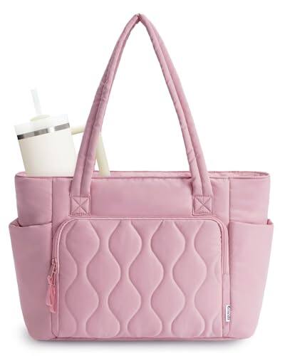Front. Vulpecula Spade - Tote Bag for Women With 40oz Cup Holder, Puffer Work Laptop Tote Bag With Zipper for Travel, Teacher, Nurse - Pink.