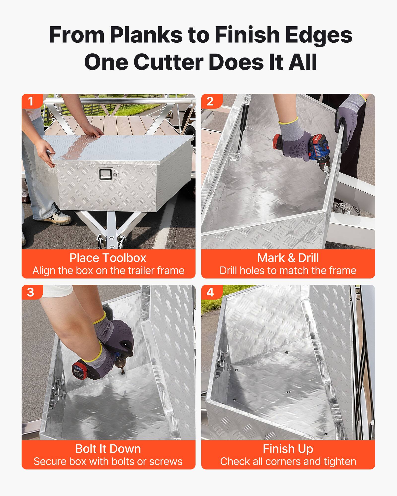 From Planks to Finish Edges  
One Cutter Does It All  

1. Place Toolbox  
   Align the box on the trailer frame  

2. Mark & Drill  
   Drill holes to match the frame  

3. Bolt It Down  
   Secure box with bolts or screws  

4. Finish Up  
   Check all corners and tighten