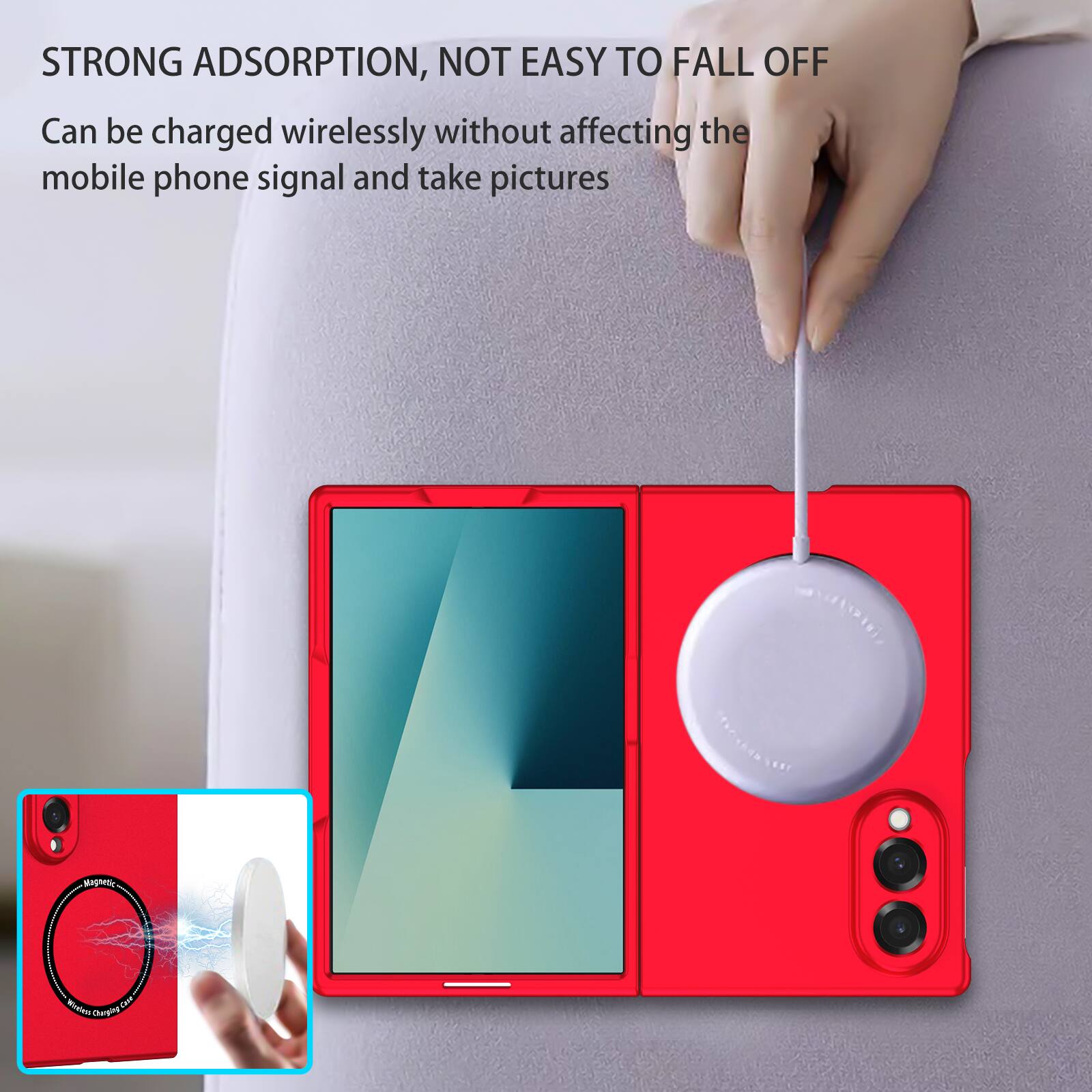 STRONG ADSORPTION, NOT EASY TO FALL OFF  
Can be charged wirelessly without affecting the mobile phone signal and take pictures
