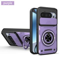 Front. Dteck - Shockproof Case for Google Pixel 10 Pro with Slide Lens Protector, 360° Rotatable Ring Kickstand Rugged Protective Cover - Purple.
