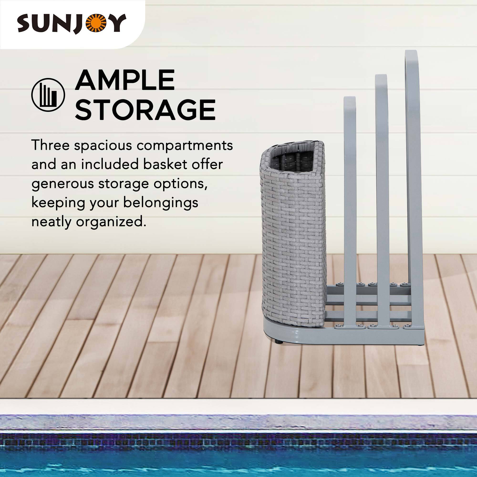 SUNJOY

AMPLE STORAGE

Three spacious compartments and an included basket offer generous storage options, keeping your belongings neatly organized.