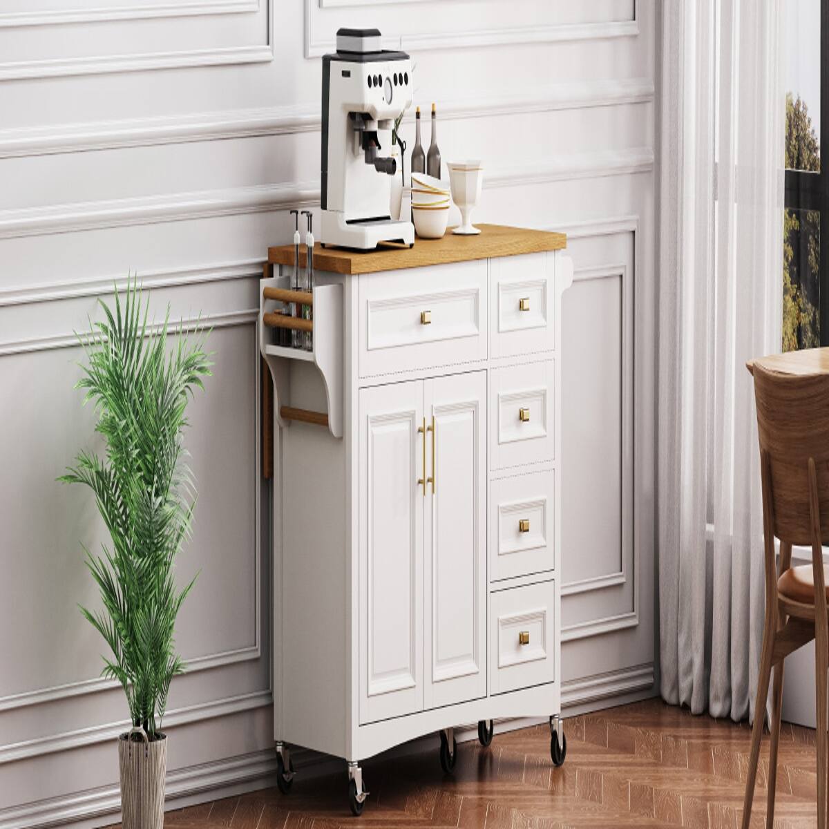 Alt View 2. Loheer - Loheer 52 inch kitchen island with drop leaf white rolling kitchen cart with spice rack - White.