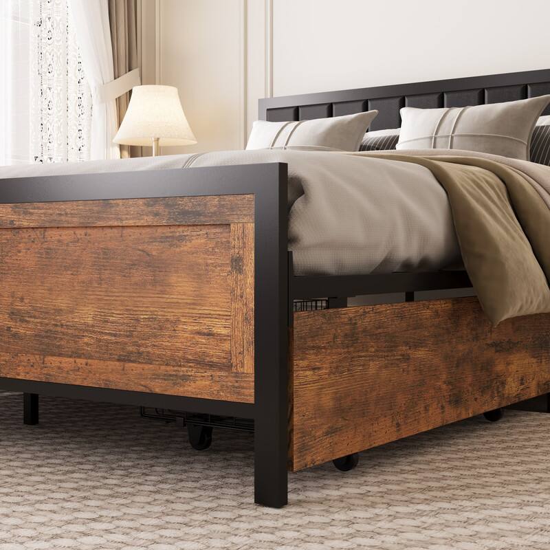 Alt View 1. Dyonery - Dyonery retro-style bed frame, leather soft headboard, equipped with wheeled storage drawers, anti-slip foot pads - wood.
