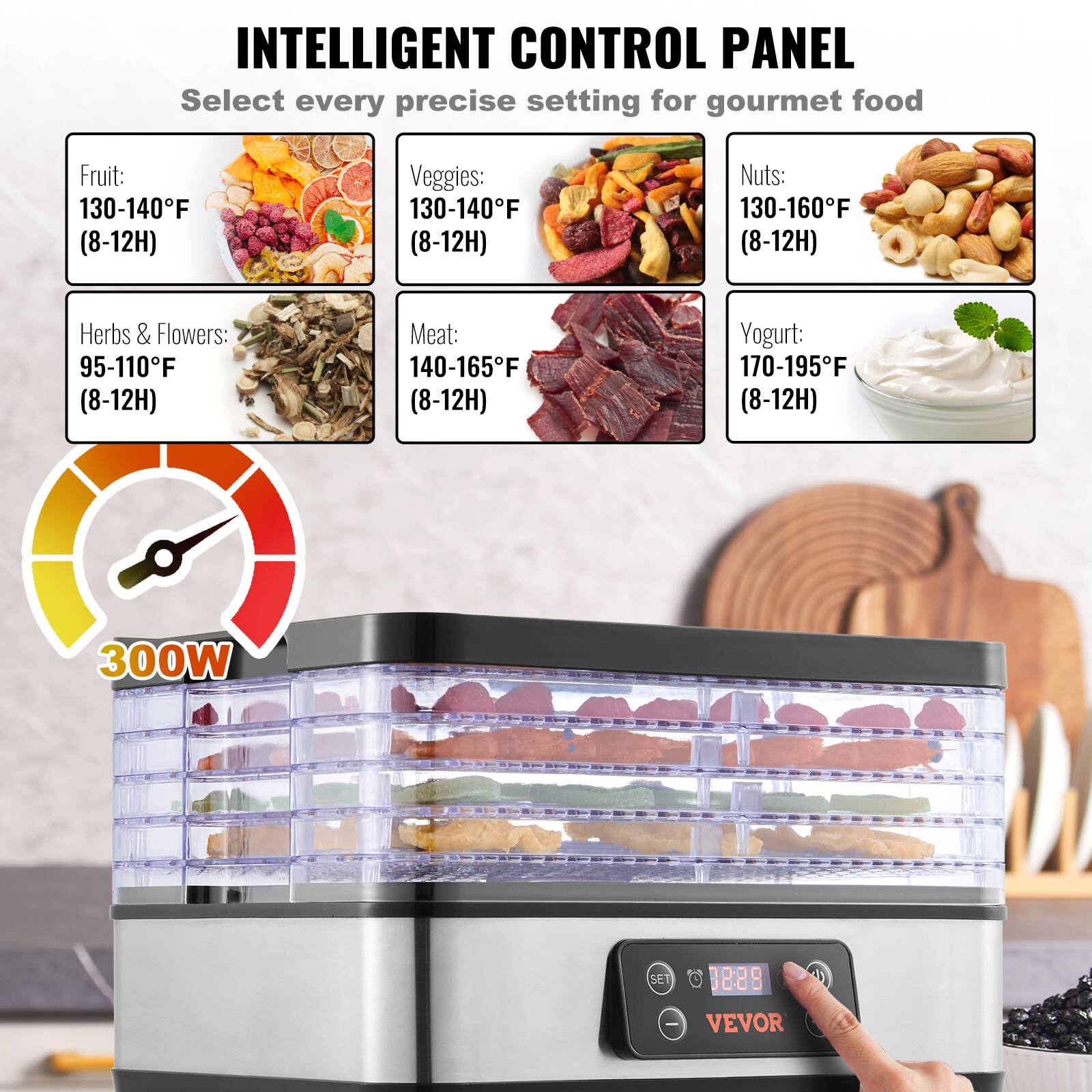 INTELLIGENT CONTROL PANEL  
Select every precise setting for gourmet food  

Fruit: 130-140°F (8-12H)  
Veggies: 130-140°F (8-12H)  
Nuts: 130-160°F (8-12H)  
Herbs & Flowers: 95-110°F (8-12H)  
Meat: 140-165°F (8-12H)  
Yogurt: 170-195°F (8-12H)  

300W  

SET 8:28  
VEVOR