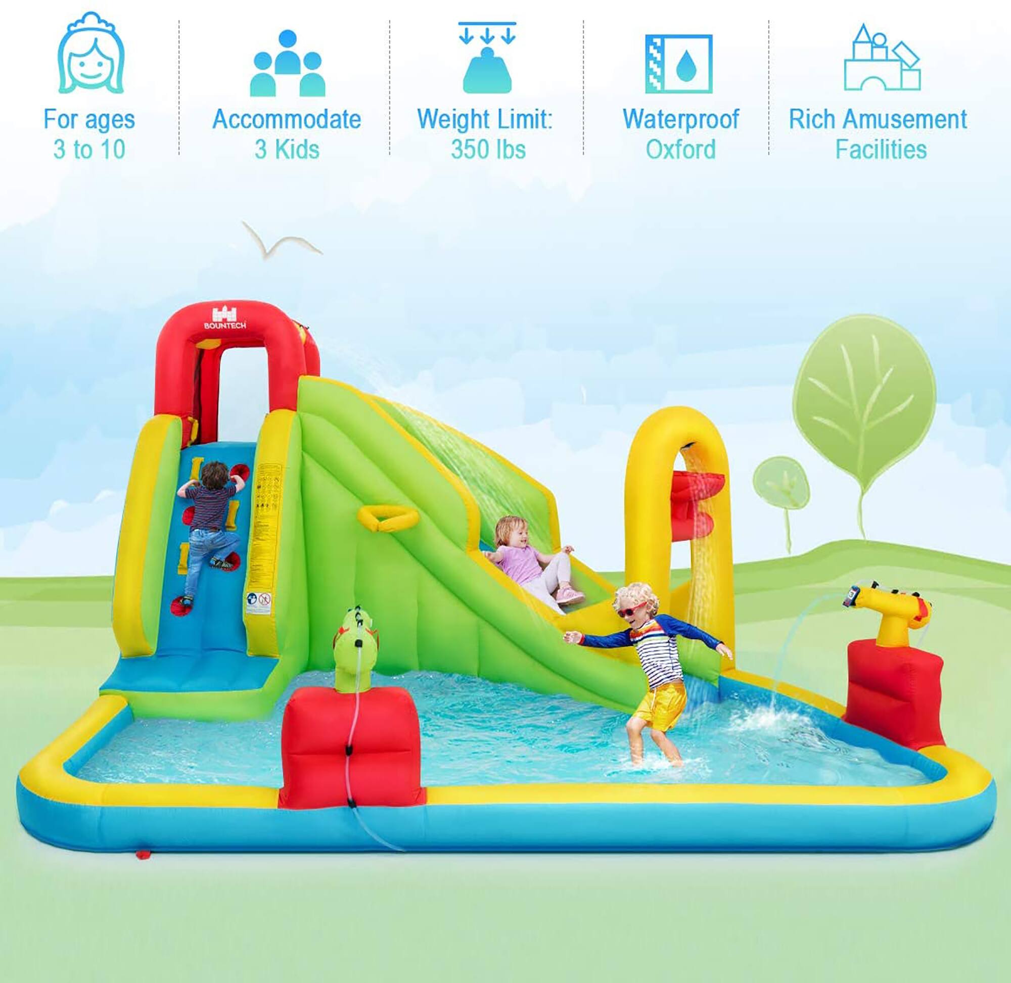 For ages 3 to 10  
Accommodate 3 Kids  
Weight Limit: 350 lbs  
Waterproof Oxford  
Rich Amusement Facilities