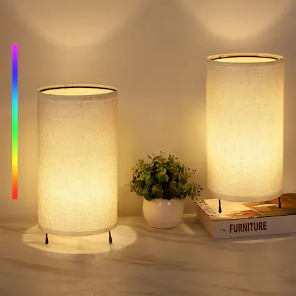 Front. Oumilen - 2 Pack Linen Shade RGB Remote Control Bedside Table Lamp.