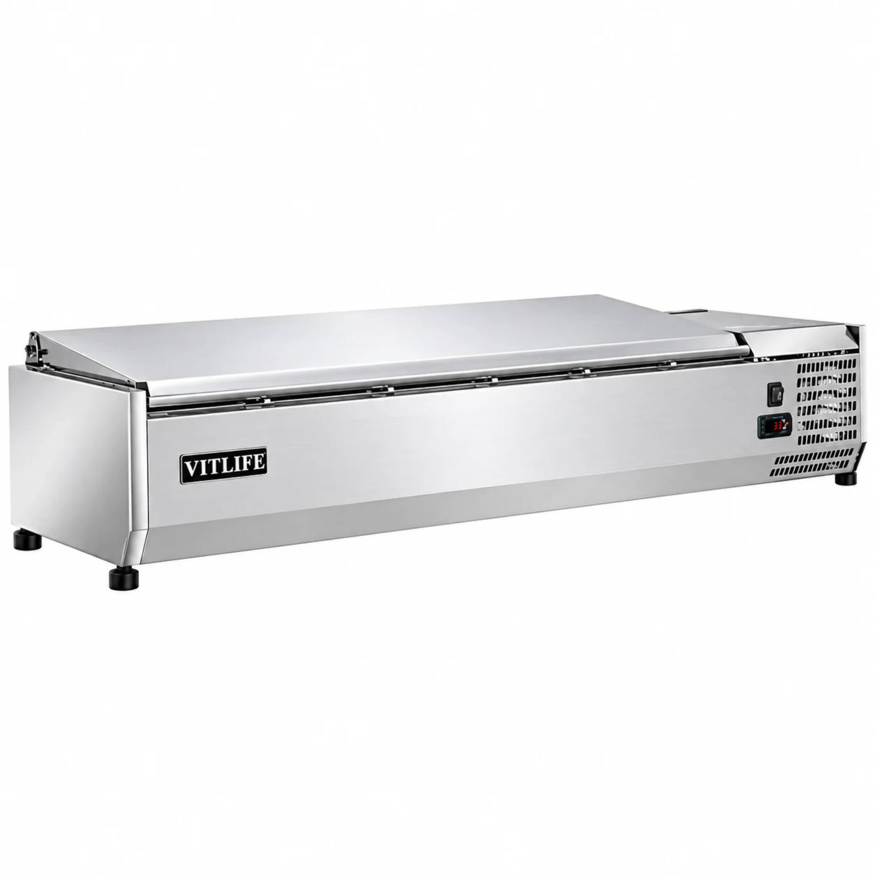 Left. Equator - Equator Vitlife Commercial Refrigerator Condiment Prep Station, Stainless Lid 4 Pan(GN1/3*3+GN1/2*1) 33-41°F, 47.2" - Stainless Steel.