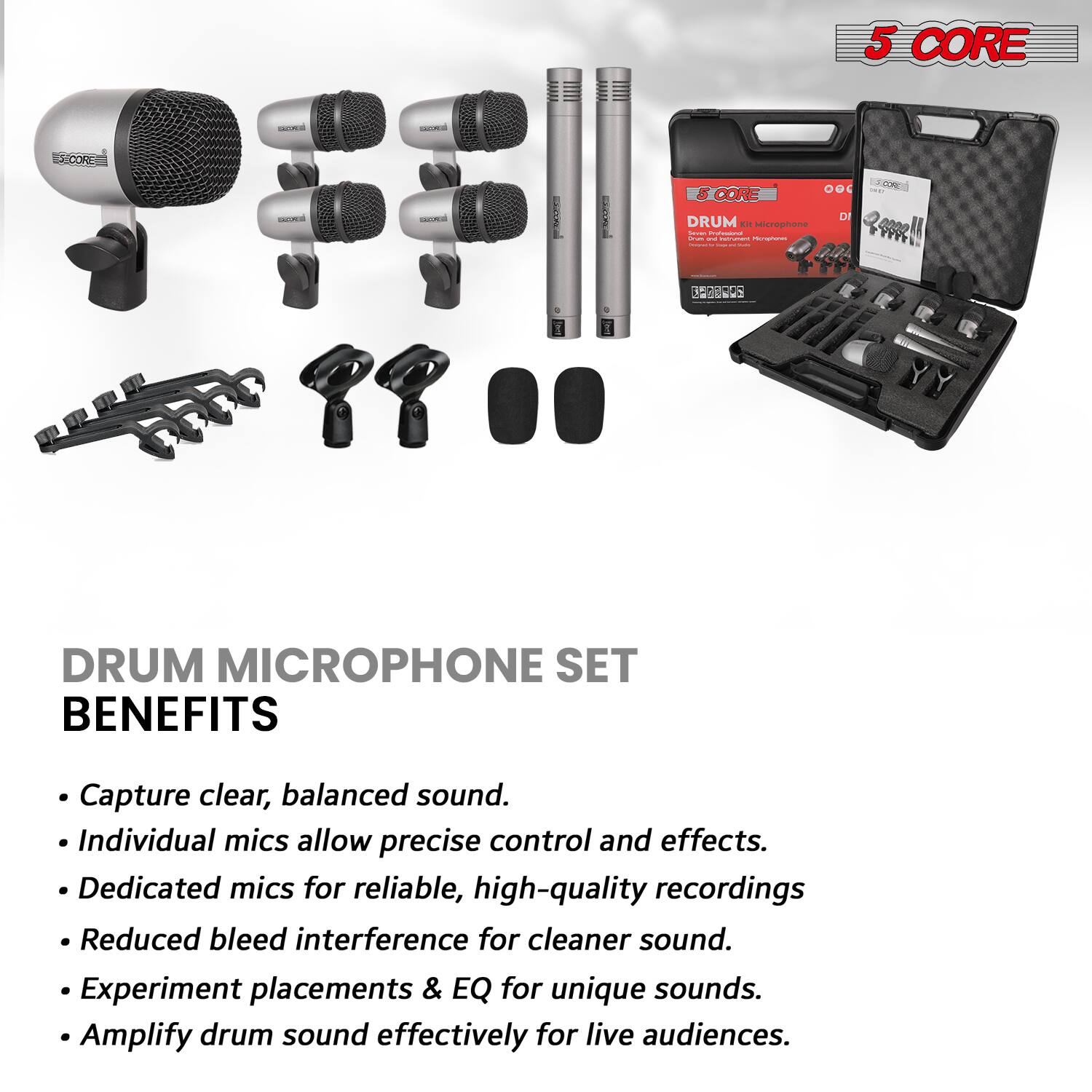 5 CORE

DRUM MICROPHONE SET

BENEFITS

- Capture clear, balanced sound.
- Individual mics allow precise control and effects.
- Dedicated mics for reliable, high-quality recordings.
- Reduced bleed interference for cleaner sound.
- Experiment placements & EQ for unique sounds.
- Amplify drum sound effectively for live audiences.