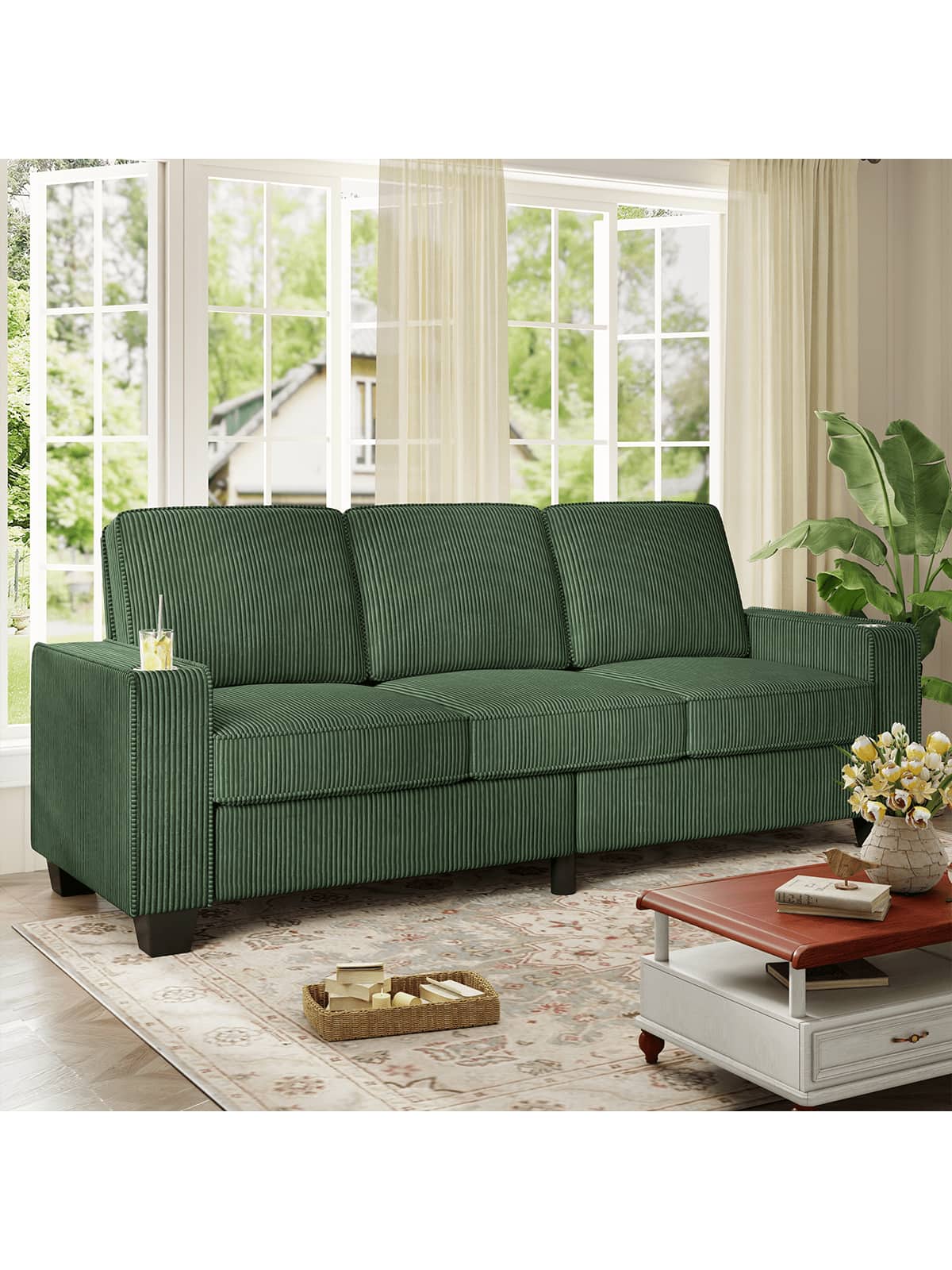 Trinkets Crazed - 83.5 Inch Oversized 3 Seater Couch,Upholstered Corduroy Love Seat Sofa for Living Room,Modern Deep Seat Loveseat Sofa - Green