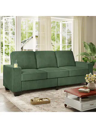 Front. Trinkets Crazed - 83.5 Inch Oversized 3 Seater Couch,Upholstered Corduroy Love Seat Sofa for Living Room,Modern Deep Seat Loveseat Sofa - Green.