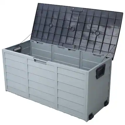 Front. HTUTWOO - Pool Deck Box Storage - 75 Gallon Resin Deck Box with Wheels, Waterproof Organization and Storage for Tools Pool Toys - Gray.