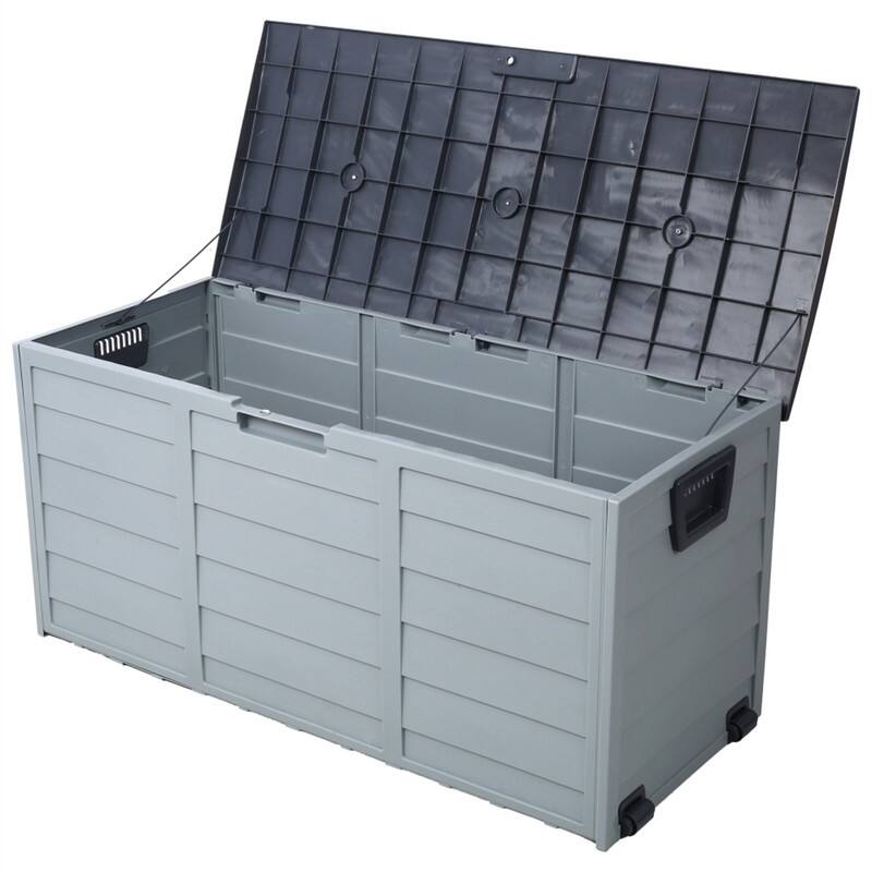 Front. HTUTWOO - Pool Deck Box Storage - 75 Gallon Resin Deck Box with Wheels, Waterproof Organization and Storage for Tools Pool Toys - Gray.