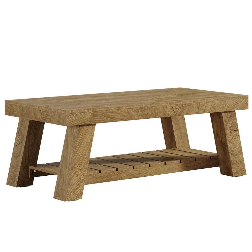 Back. Kadyn - 47.24-Inch Rectangular Farmhouse Coffee Table with 2-Tier Storage Shelves, Rustic Accent Table - Brown.