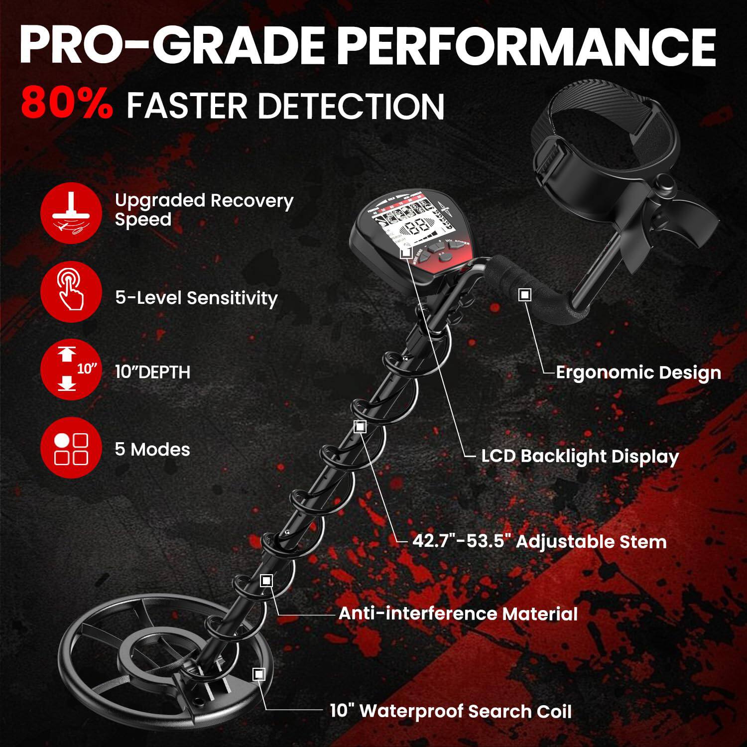PRO-GRADE PERFORMANCE  
80% FASTER DETECTION  

- Upgraded Recovery Speed  
- 5-Level Sensitivity  
- 10" DEPTH  
- 5 Modes  
- Ergonomic Design  
- LCD Backlight Display  
- 42.7"-53.5" Adjustable Stem  
- Anti-interference Material  
- 10" Waterproof Search Coil
