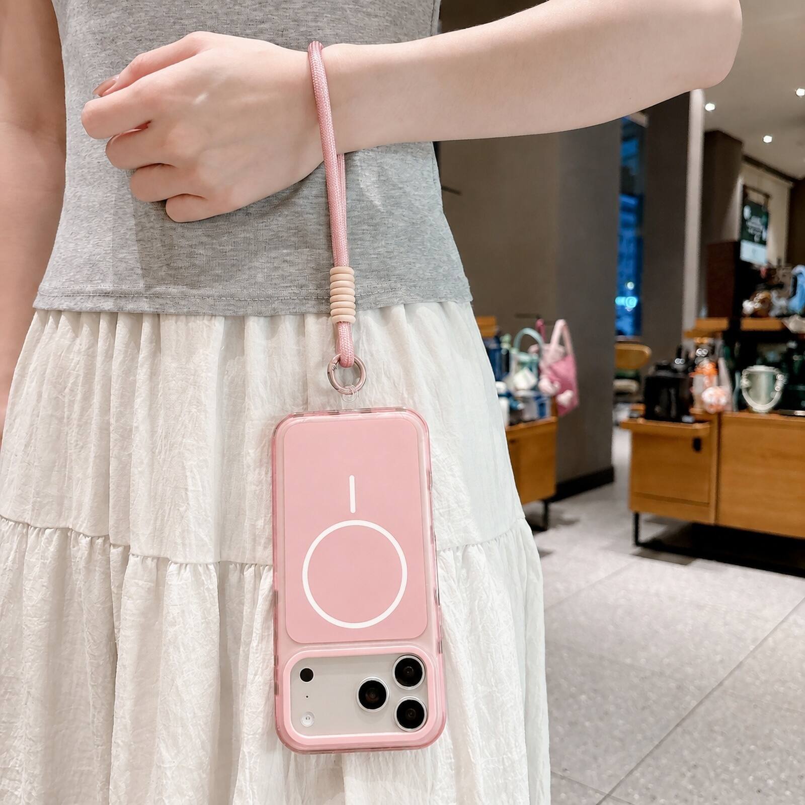 Back. Dteck - For Apple iPhone 18 Pro Magnetic Case Compatible With Magsafe Shockproof Rugged PC Cover With Wrist Strap - Pink.