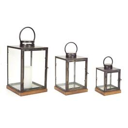 BreeBe - Metal Box Lantern with Wood Base (Set of 3) - Grey, Grey