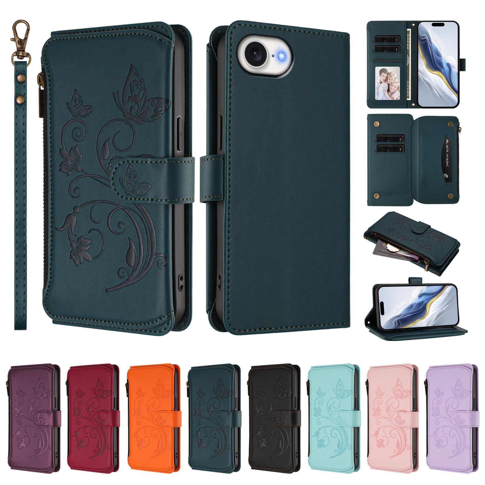 Dteck - Crossbody Wallet Case for Apple iPhone 17e / 16e,Embossed Butterfly Flower Folio Cover with Zipper Pocket+Strap - Darkblue price history on PriceWatchPro