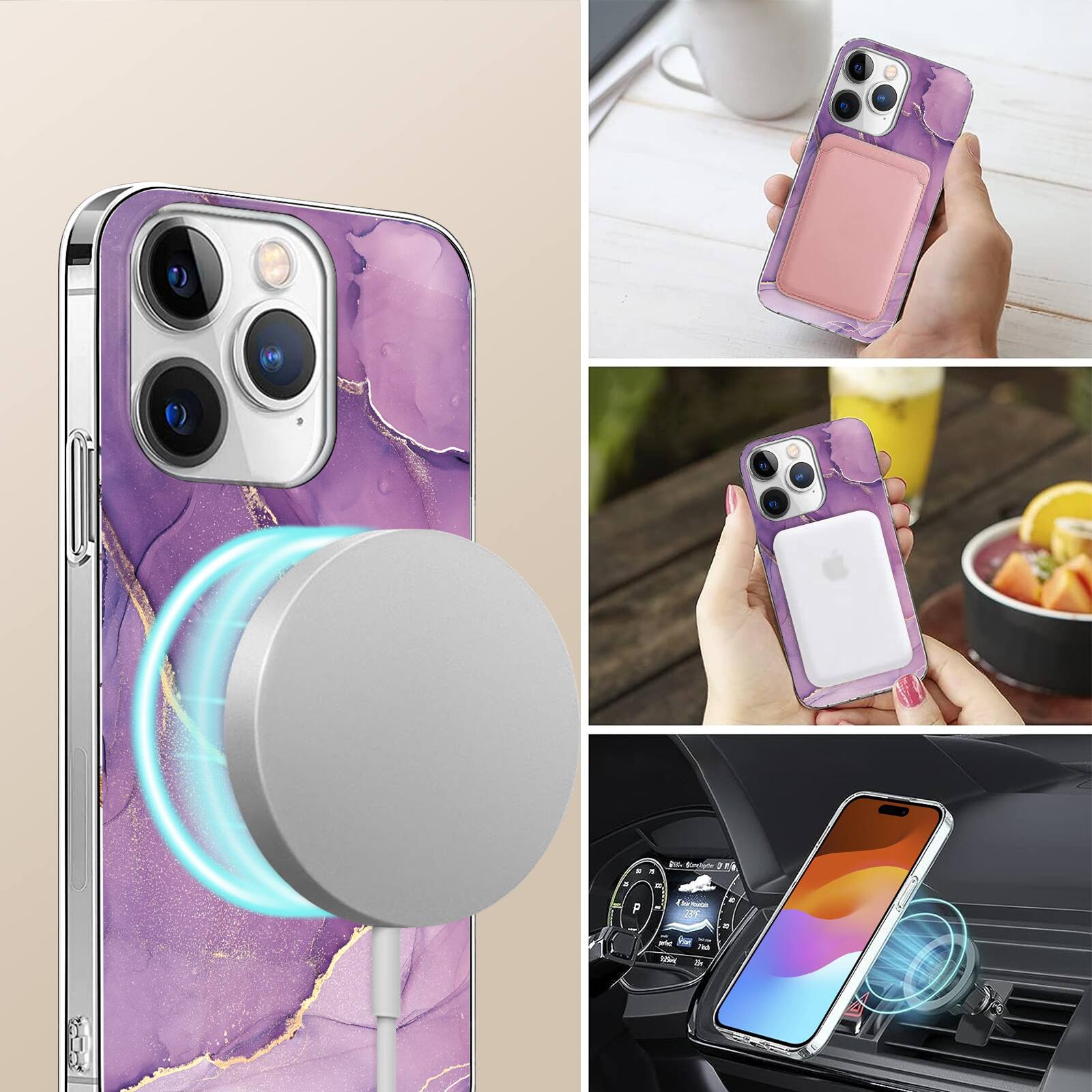 Back. SaharaCase - Inspire Seres Case Compatible with Magsafe for iPhone 15 Pro - Purple Marble - Purple.