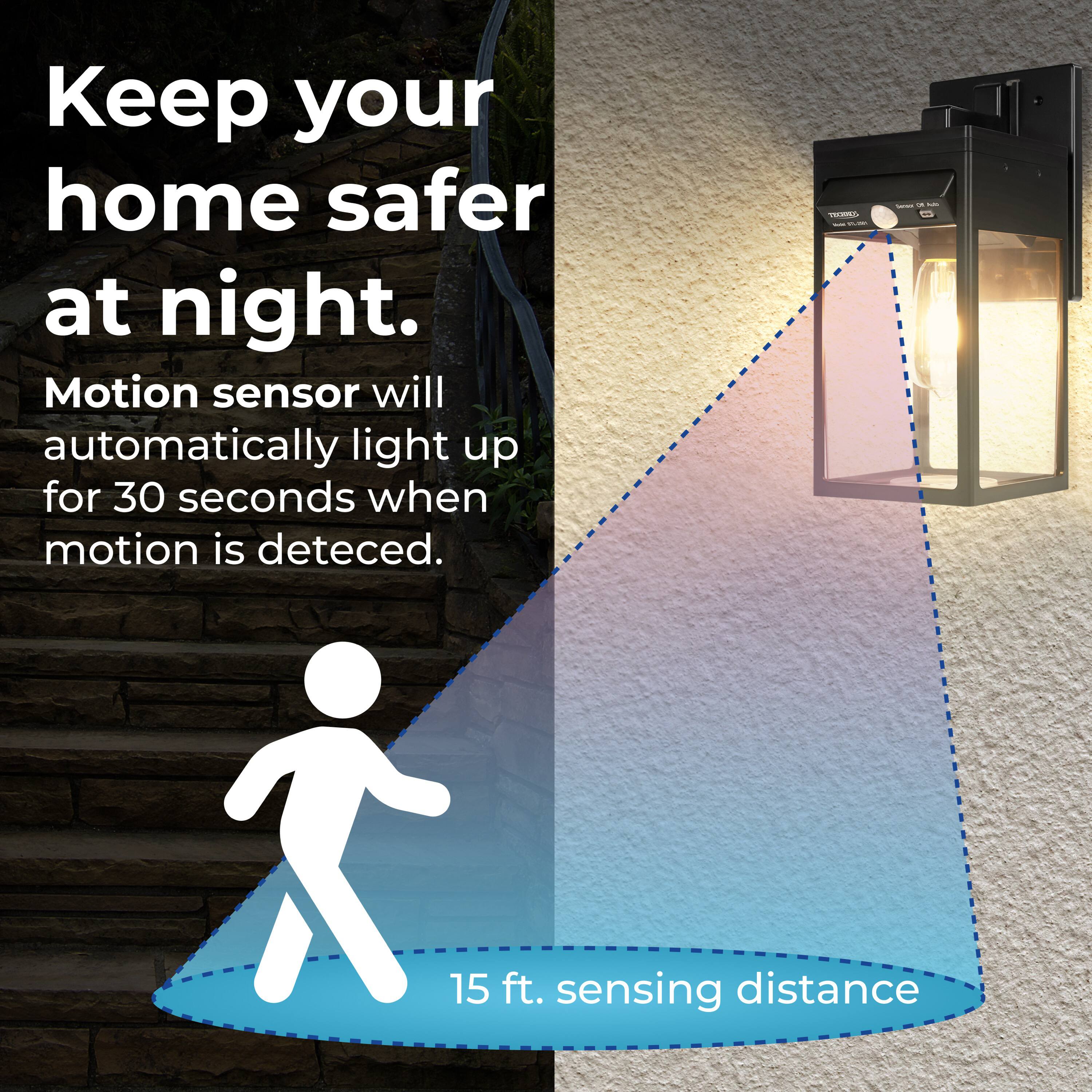 Keep your home safer at night. Motion sensor will automatically light up for 30 seconds when motion is detected. 15 ft. sensing distance.