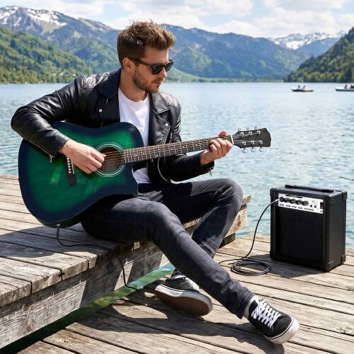 Alt View 2. Winado - Full-Size D Style Cutaway Acoustic Electric Guitar with Amp, Basswood Body, 41in for Beginners With Gig Bag - Green.