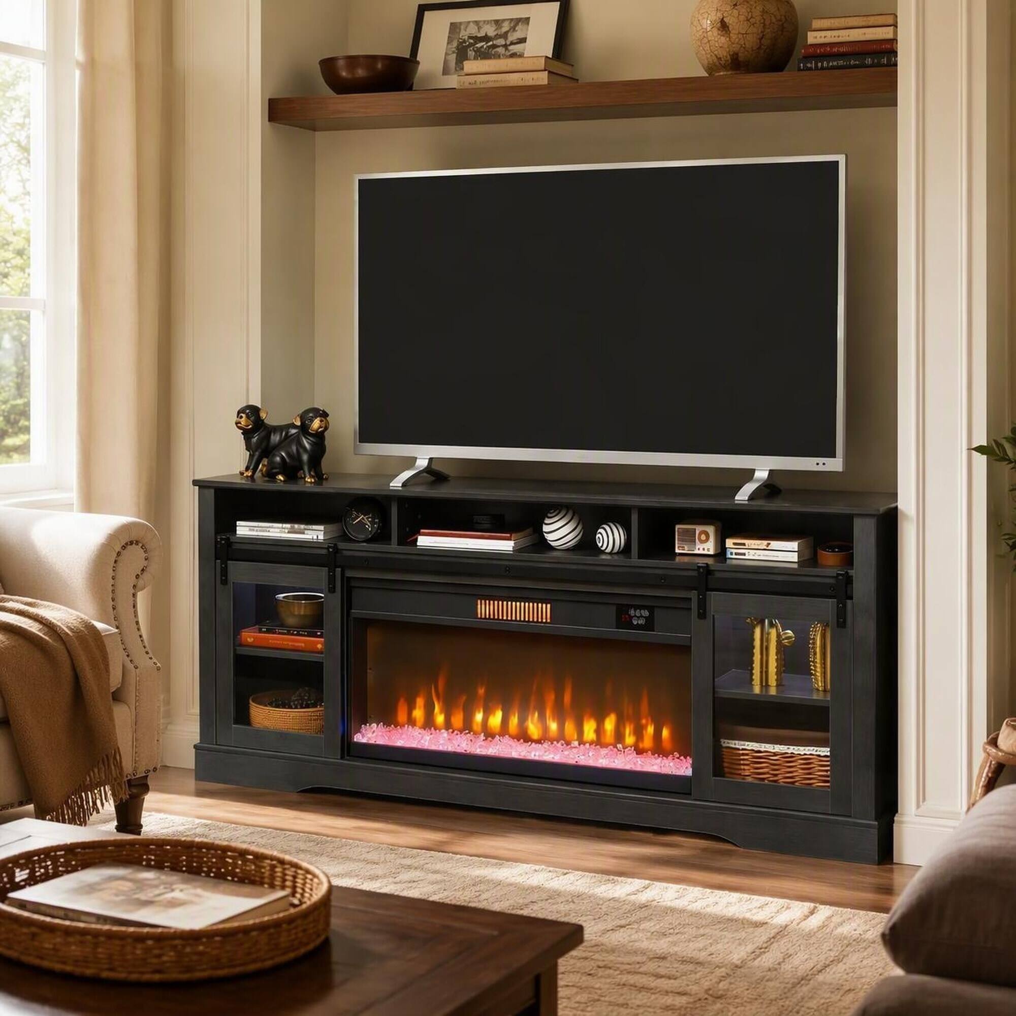 Front. RYHNUYNE - TV Console With Electric Fireplace Open Storage And Side Cabinets, Media Organization Warm Ambience For Living Room - Gray.