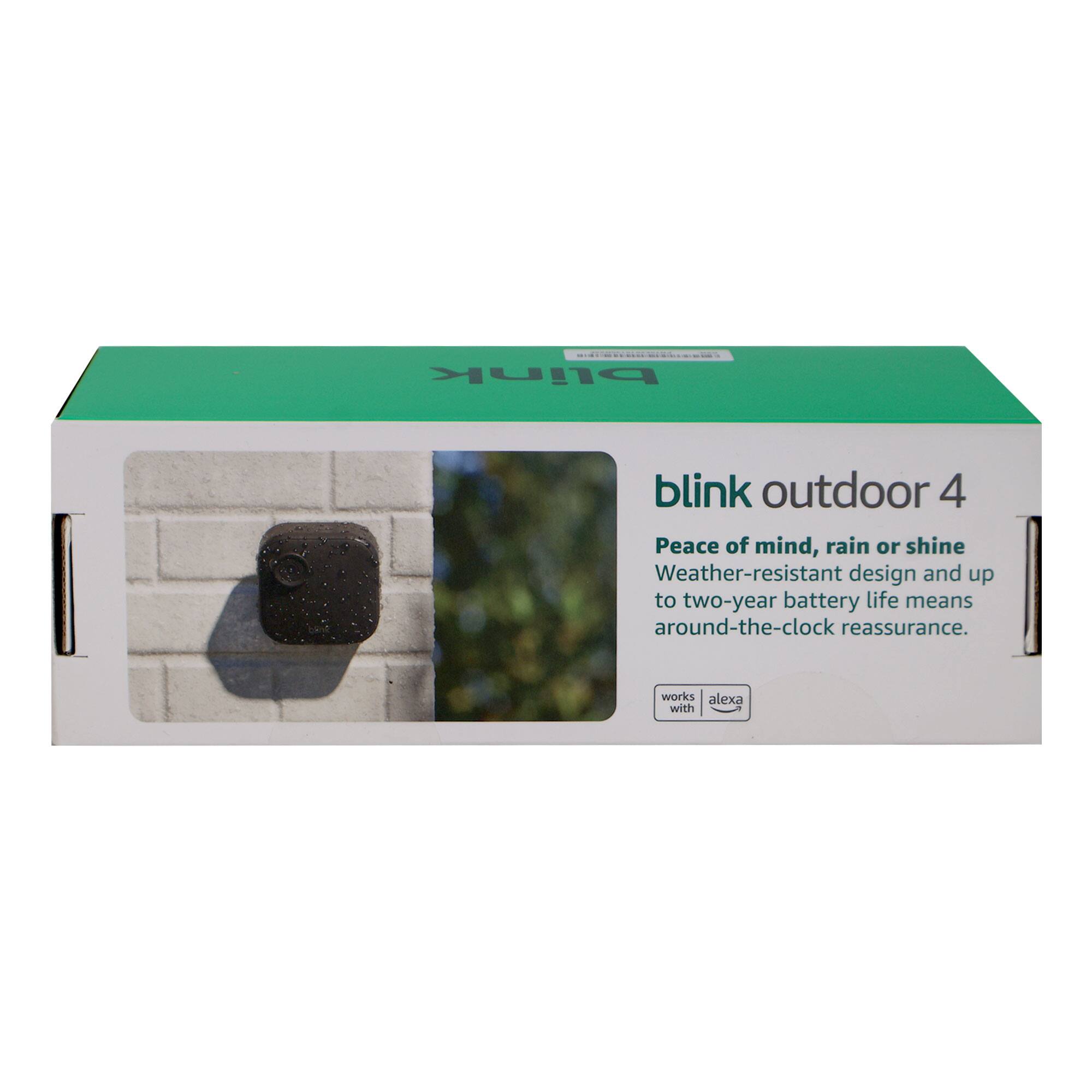 blink outdoor 4  
Peace of mind, rain or shine  
Weather-resistant design and up to two-year battery life means around-the-clock reassurance.  
works with alexa