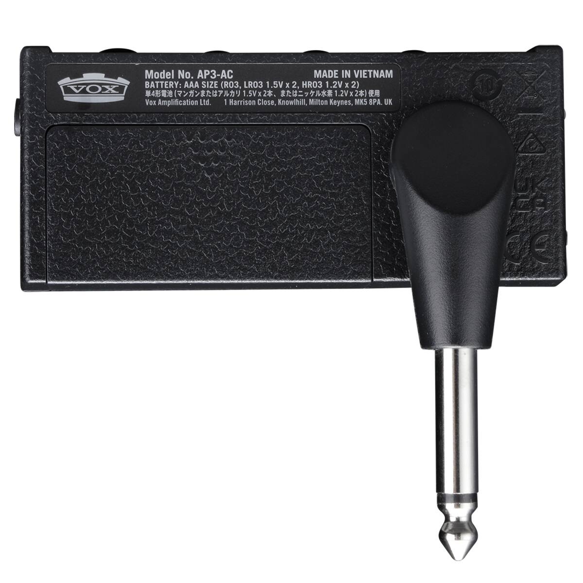 Model No. 3- MADE IN VIETNAM  
BATTERY: AAA SIZE (R03, LR03 1.5V x 2, HR03 1.2V x 2)  
VOX Amplification Ltd.  
1 Harrison Close, Knowlhill, Milton Keynes, MK5 8PA, UK