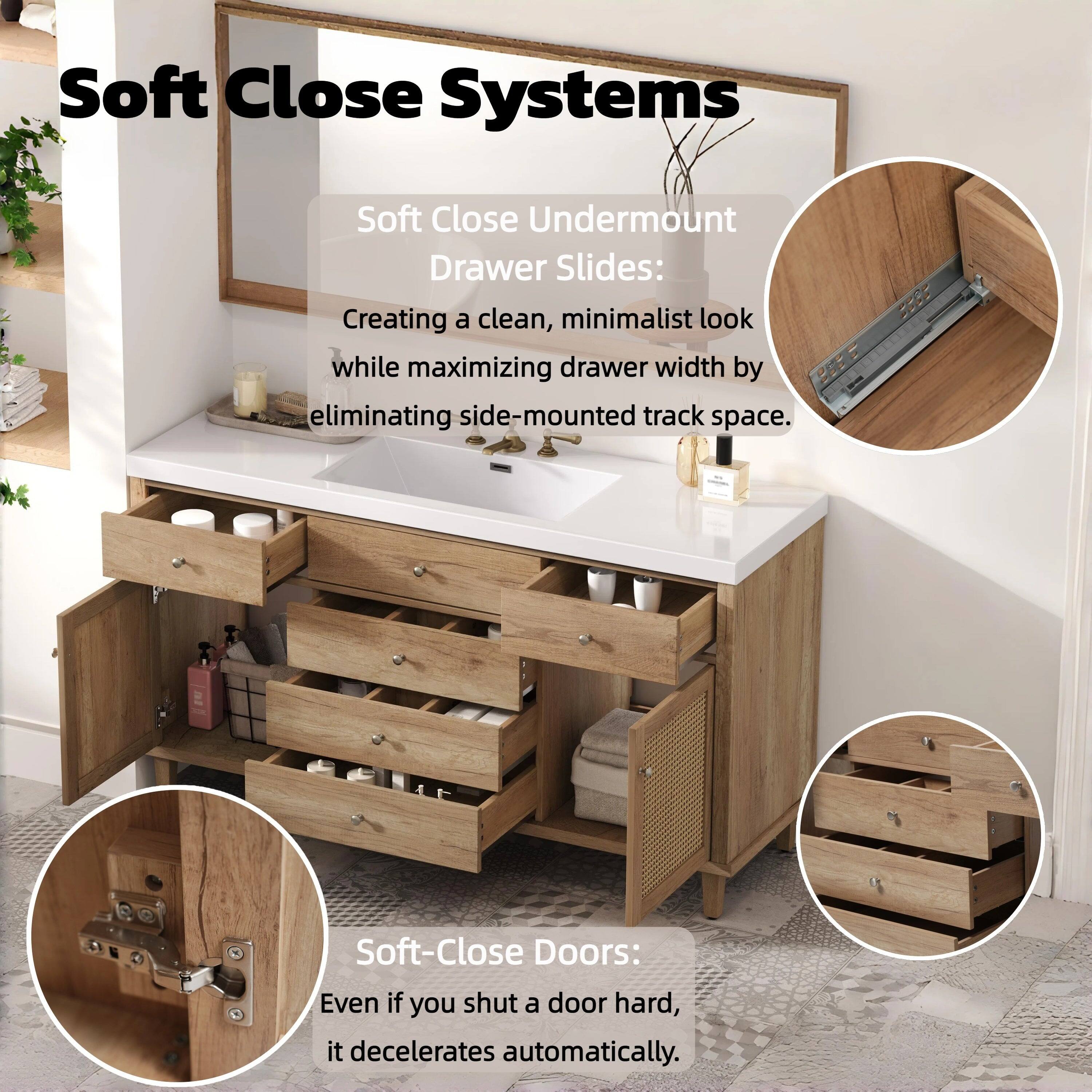 Soft Close Systems

Soft Close Undermount Drawer Slides:
Creating a clean, minimalist look while maximizing drawer width by eliminating side-mounted track space.

Soft-Close Doors:
Even if you shut a door hard, it decelerates automatically.
