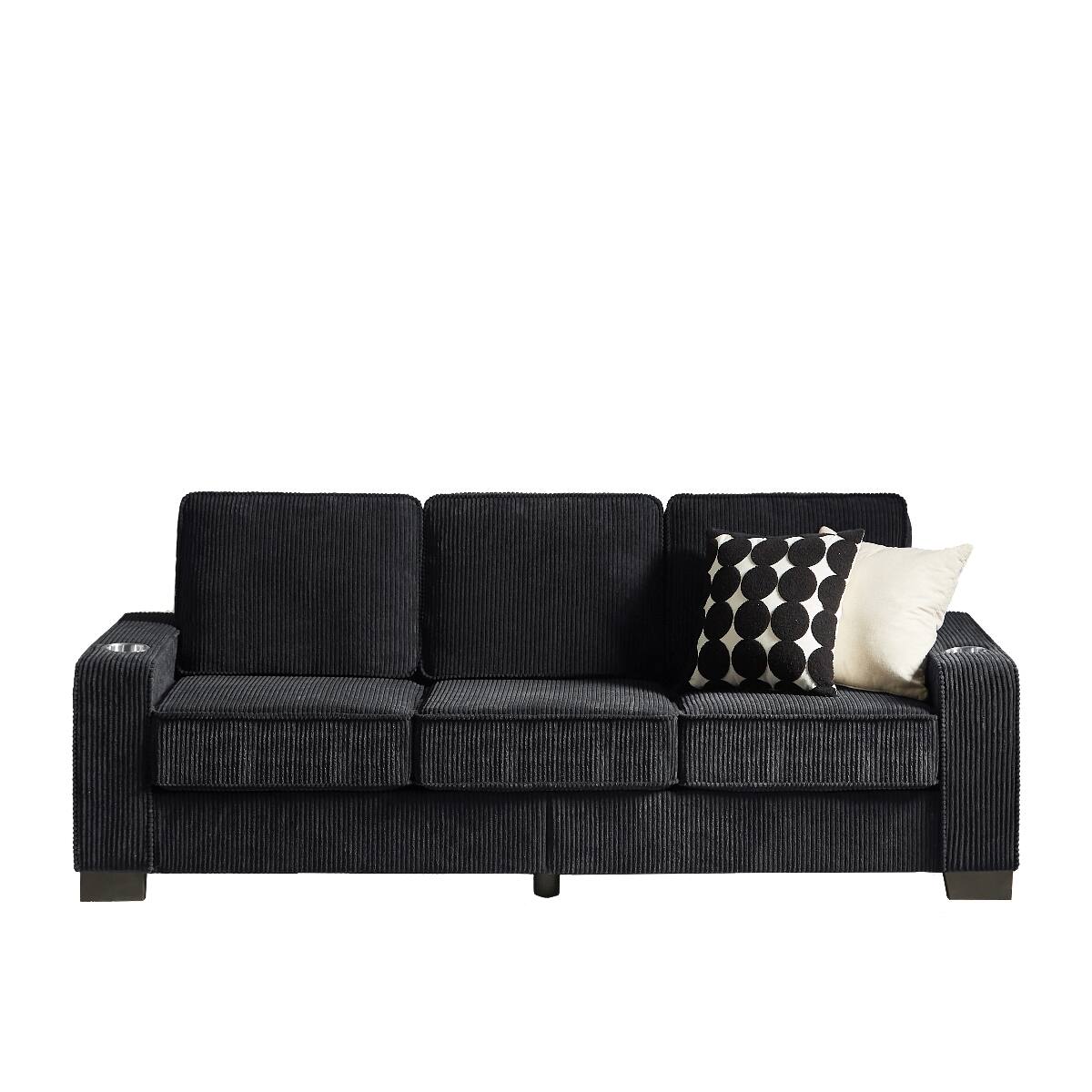 Alt View 9. Ropilly - Ropilly Modern Corduroy 3 Seater Sofa, Black Corduroy Sofa with Armrest Cup Holders, 83.86 Inch Couch - Black.