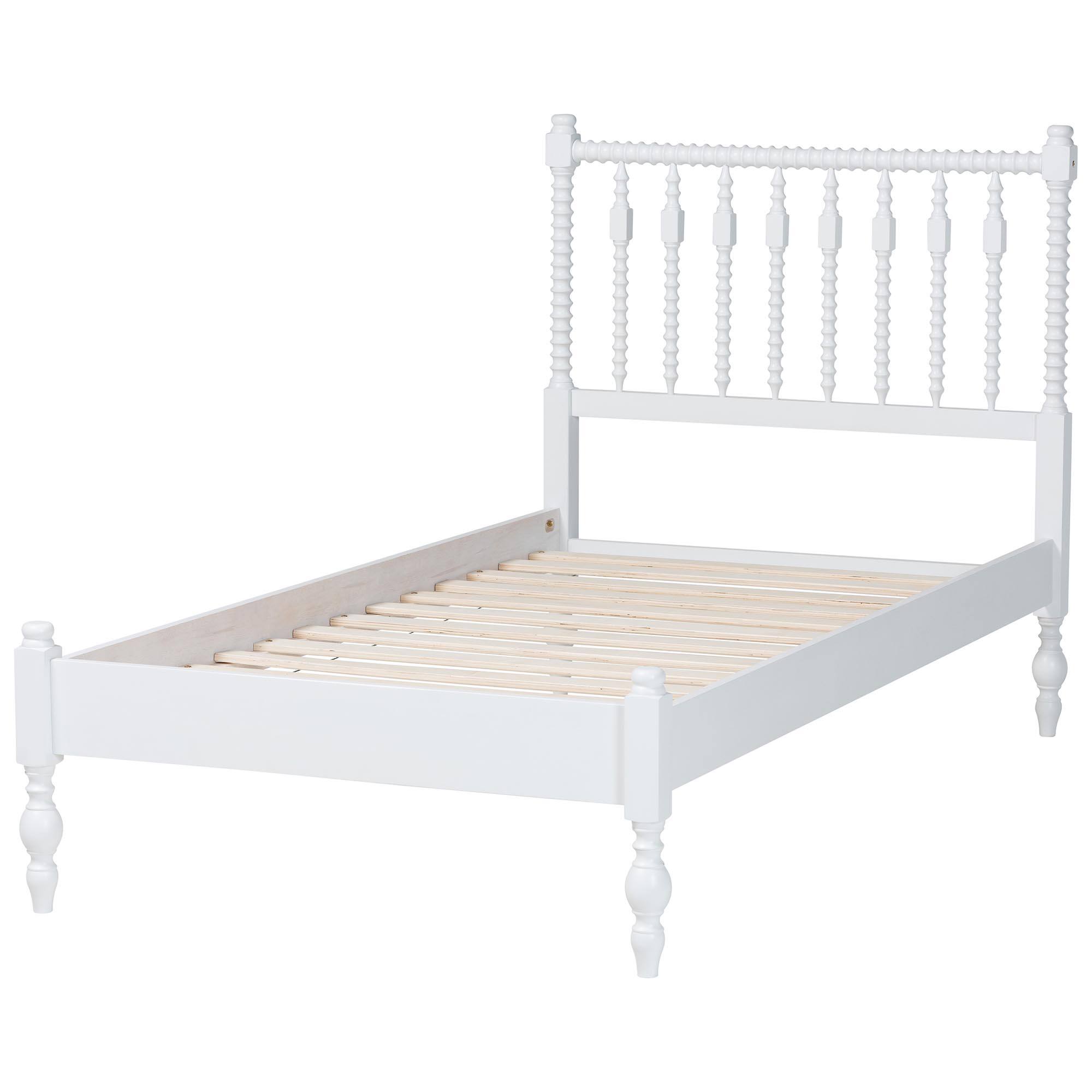Left. Baxton Studio - Callison Spindle Platform Bed - Turned Farmhouse Bed Frame with Spoked Headboard and Sculpted Legs, Twin - White.