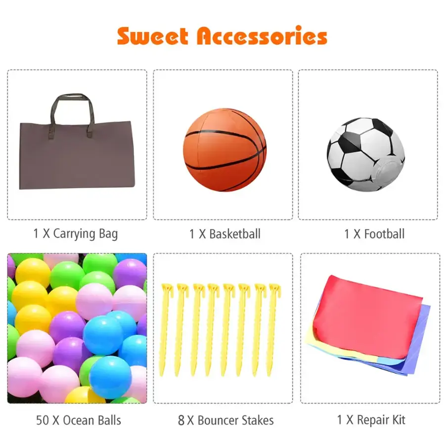 Sweet Accessories:
1. Carrying Bag
1. Basketball
1. Football
50. Ocean Balls
8. Bouncer Stakes
1. Repair Kit