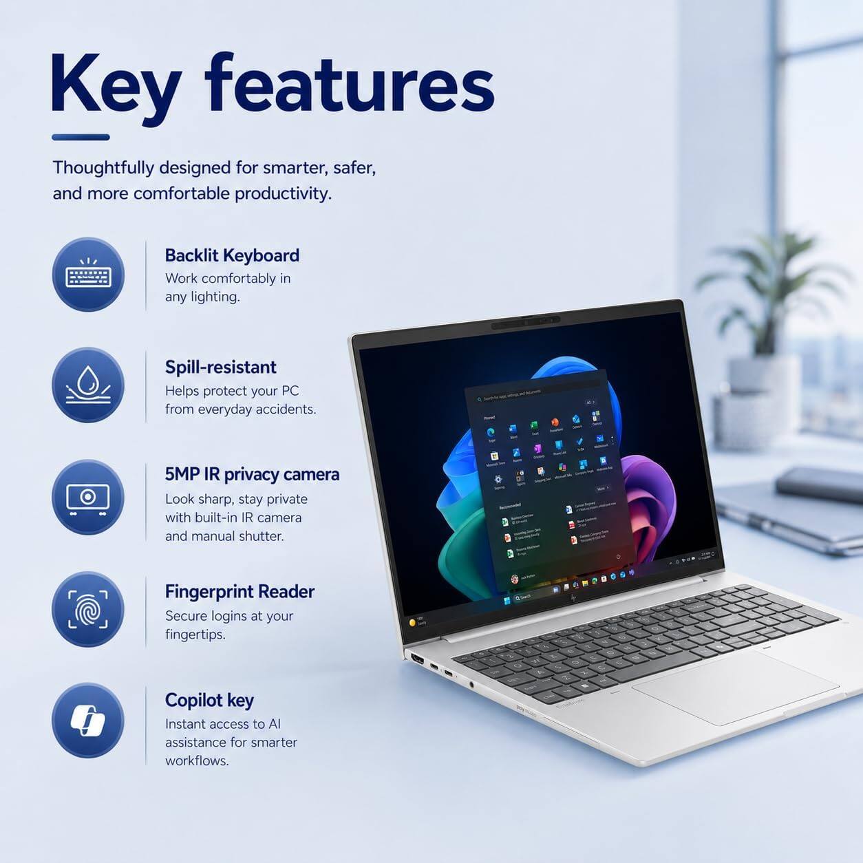 Key features  
Thoughtfully designed for smarter, safer, and more comfortable productivity.  

Backlit Keyboard  
Work comfortably in any lighting.  

Spill-resistant  
Helps protect your PC from everyday accidents.  

5MP IR privacy camera  
Look sharp, stay private with built-in IR camera and manual shutter.  

Fingerprint Reader  
Secure logins at your fingertips.  

Copilot key  
Instant access to AI assistance for smarter workflows.