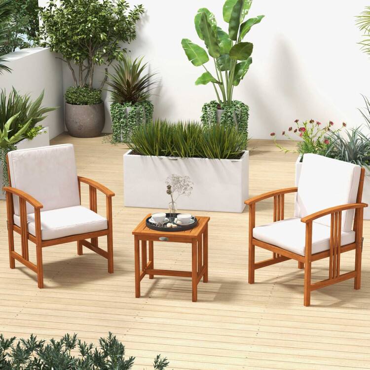 Left. SlickBlue - 3 Piece Solid Wood Patio Furniture Set, Outdoor Sofa with Cushions - White.