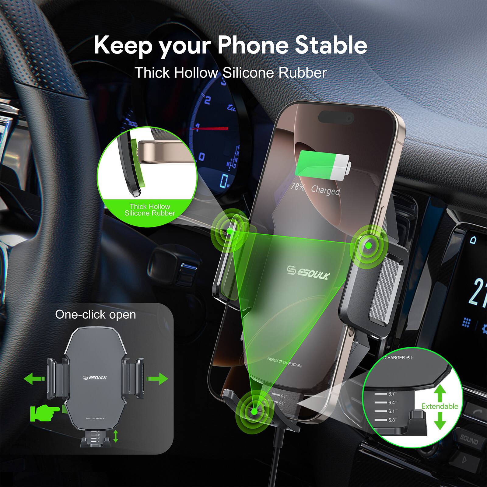 Keep your Phone Stable, Thick Hollow Silicone Rubber, 78% Charged, One-click open, ESOULK, 6.7, 6.4, 6.1, 5.8, Extendable, Charger, Sound