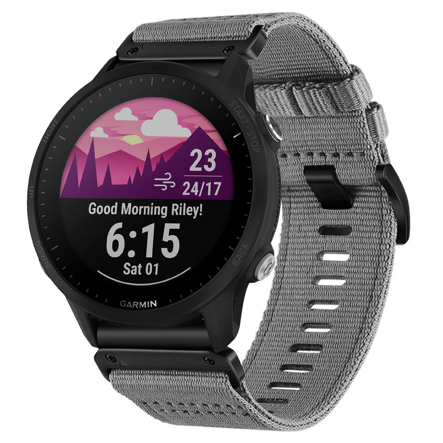 LIGHT UP DOWN START - STOP  
23 24/17  
Good Morning Riley!  
6:15  
Sat 01  
GARMIN