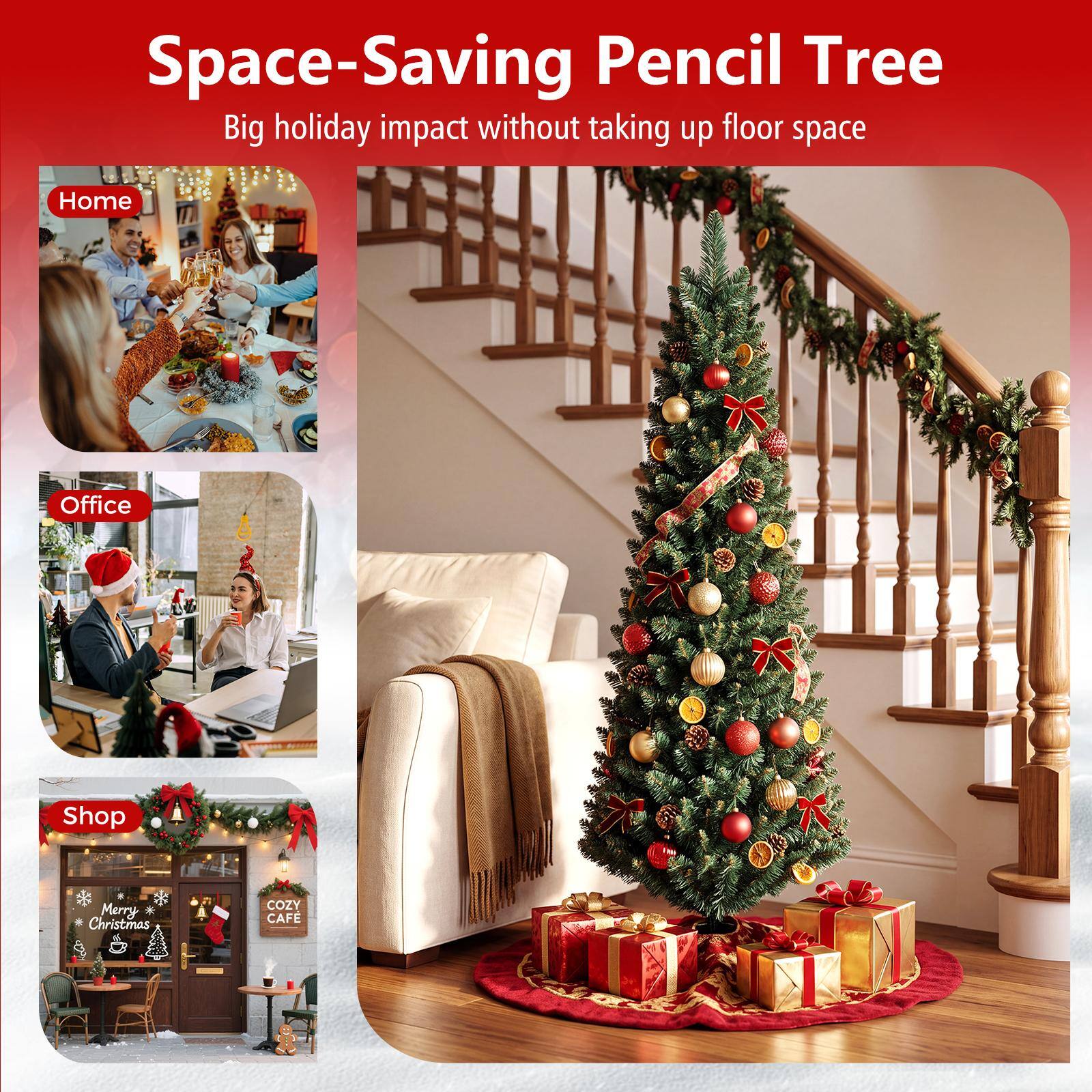 Space-Saving Pencil Tree  
Big holiday impact without taking up floor space  

Home  
Office  
Shop  
Merry Christmas  
COZY CAFE