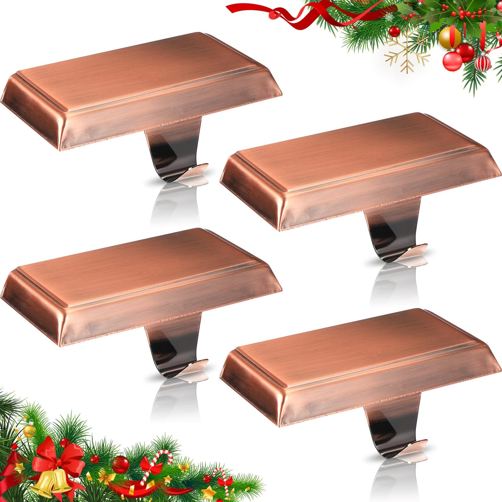 Paradigms Interiors - 4 Christmas Stocking Holders For Mantle Weighted Holder Fireplace Hangers Xmas Holiday Party Decoration - Red Bronze-4
