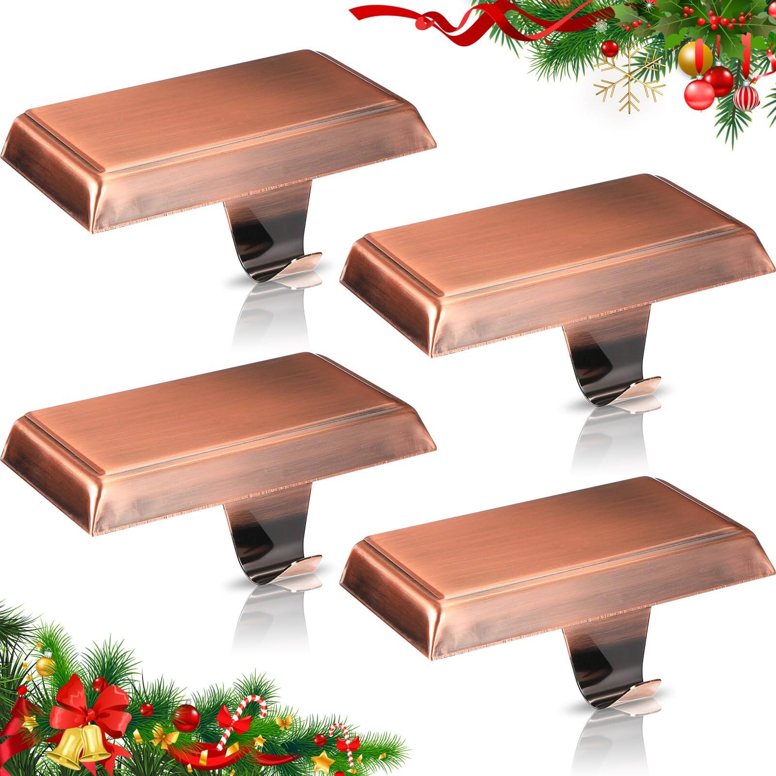 Front. Paradigms Interiors - 4 Christmas Stocking Holders For Mantle Weighted Holder Fireplace Hangers Xmas Holiday Party Decoration - Red Bronze-4.