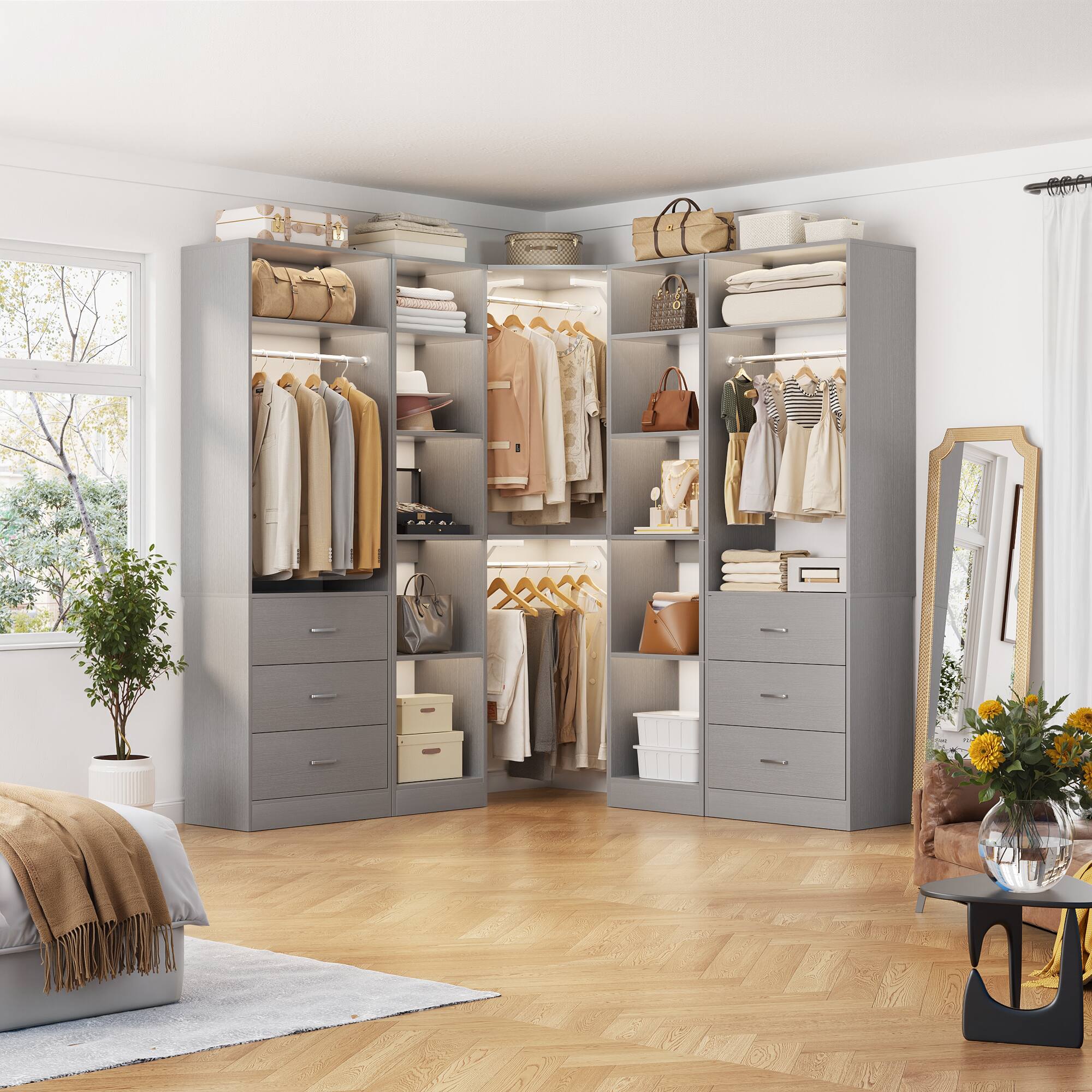 Angle. Aheaplus - Reversible L Shaped Corner Walk-in Closet System - 6 Drawers, 20+ Shelves, 4 Hanging Rods, 2500+LBS Load,63.2"L-87.2"L. - Gray.