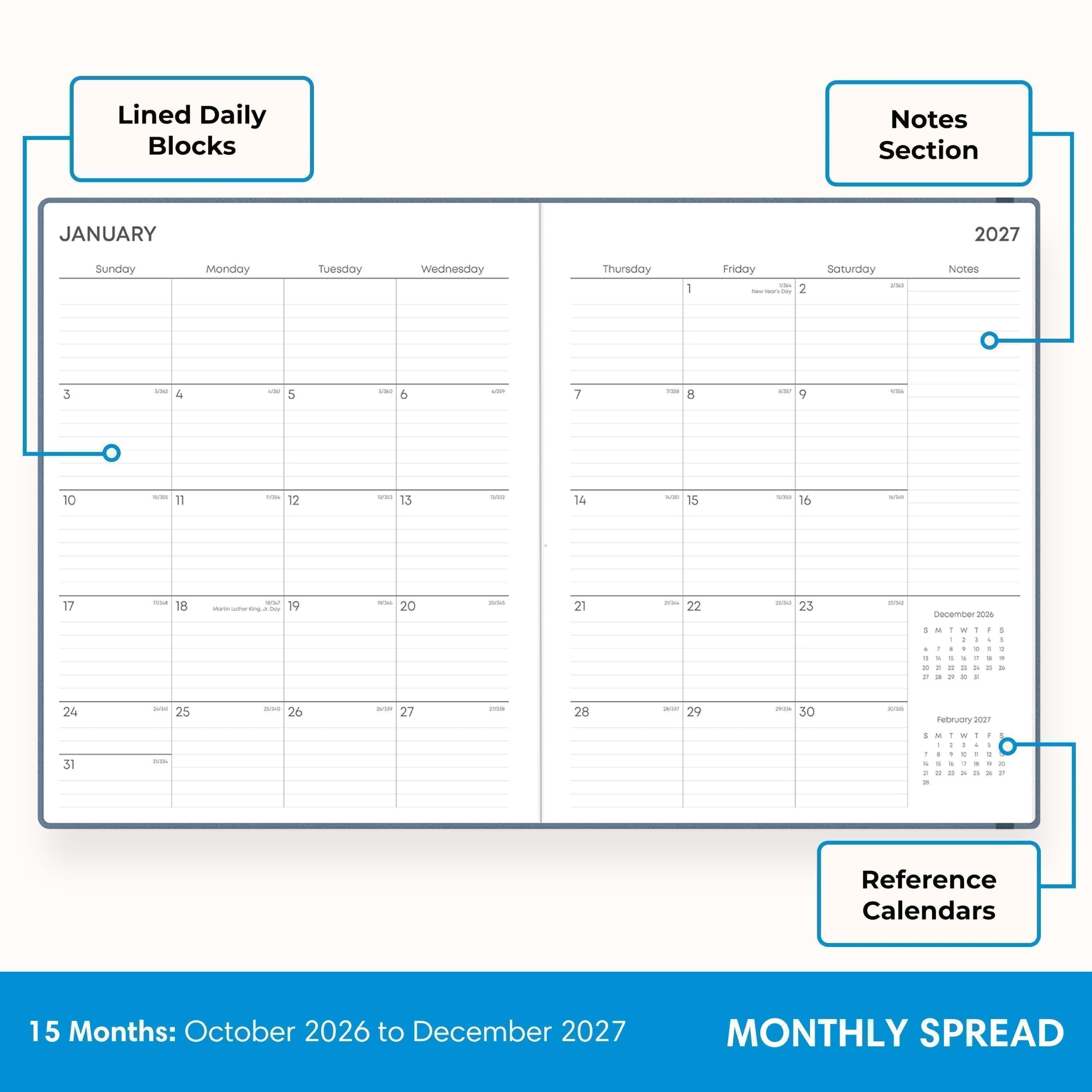 Lined Daily Blocks

Notes Section

JANUARY
2027
Sunday Monday Tuesday Wednesday Thursday
1 Friday Save
2 Saturday 230
3 Notes
4 vos
5 120
6 1001
7 100
8 100
9 vas
10 10,00
11 1104
12 are
13 sas
14 ww
15 =
16 was
17 nout
18 100 Getter ling, A Day
19 one
20 25%
21 250
22 me
December 2026
I 14 - 1 : 1. = , 10g t
I 1g - : - !! - - 21 2 5
1 / c I 3 :
I - 1 : =
I i 0 6 or
24 31
2000
25 an
area
26 and
27 28
26/27 29
29006
30 20