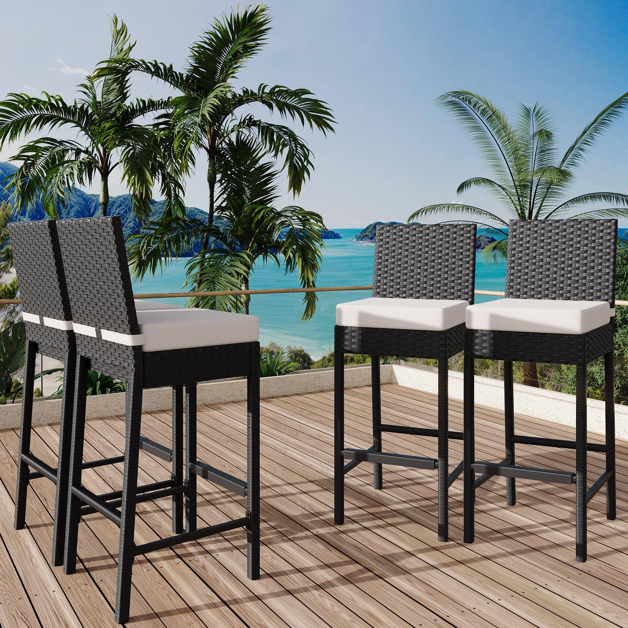 Alt View 4. Jojoka - Wicker Woven Outdoor Bar Stools Set of 2, Rattan Patio Height Bar Chairs Armless w/Soft Seat Cushion - Beige.