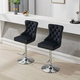 PexFix - Upholstered Velvet Bar Stools, Set of 2, Adjustable Height Swivel with Tufted Back, Wide Base for Home Pub - Black
