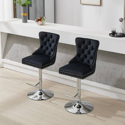 Front. PexFix - Upholstered Velvet Bar Stools, Set of 2, Adjustable Height Swivel with Tufted Back, Wide Base for Home Pub - Black.