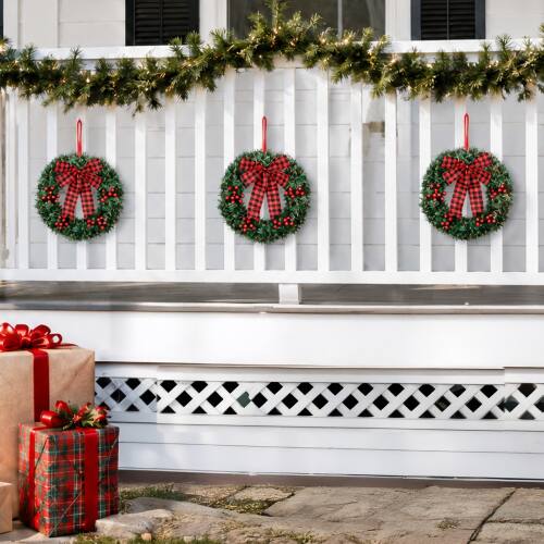 Alt View 9. Winado - 14in Solar Christmas Wreath 3PCS Wall Mount with LED Light, Red Bow Berries for Outdoor Holiday Party Display Decoration - Green.