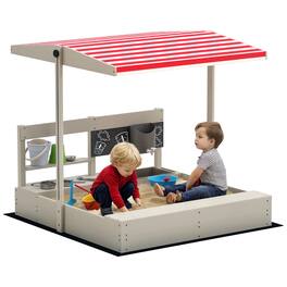 Outsunny - Kids Sandbox, Height Adjustable Canopy, Wooden, Backyard Toy, Kitchen Playset Accessories, Ages 3-7, Girls and Boys