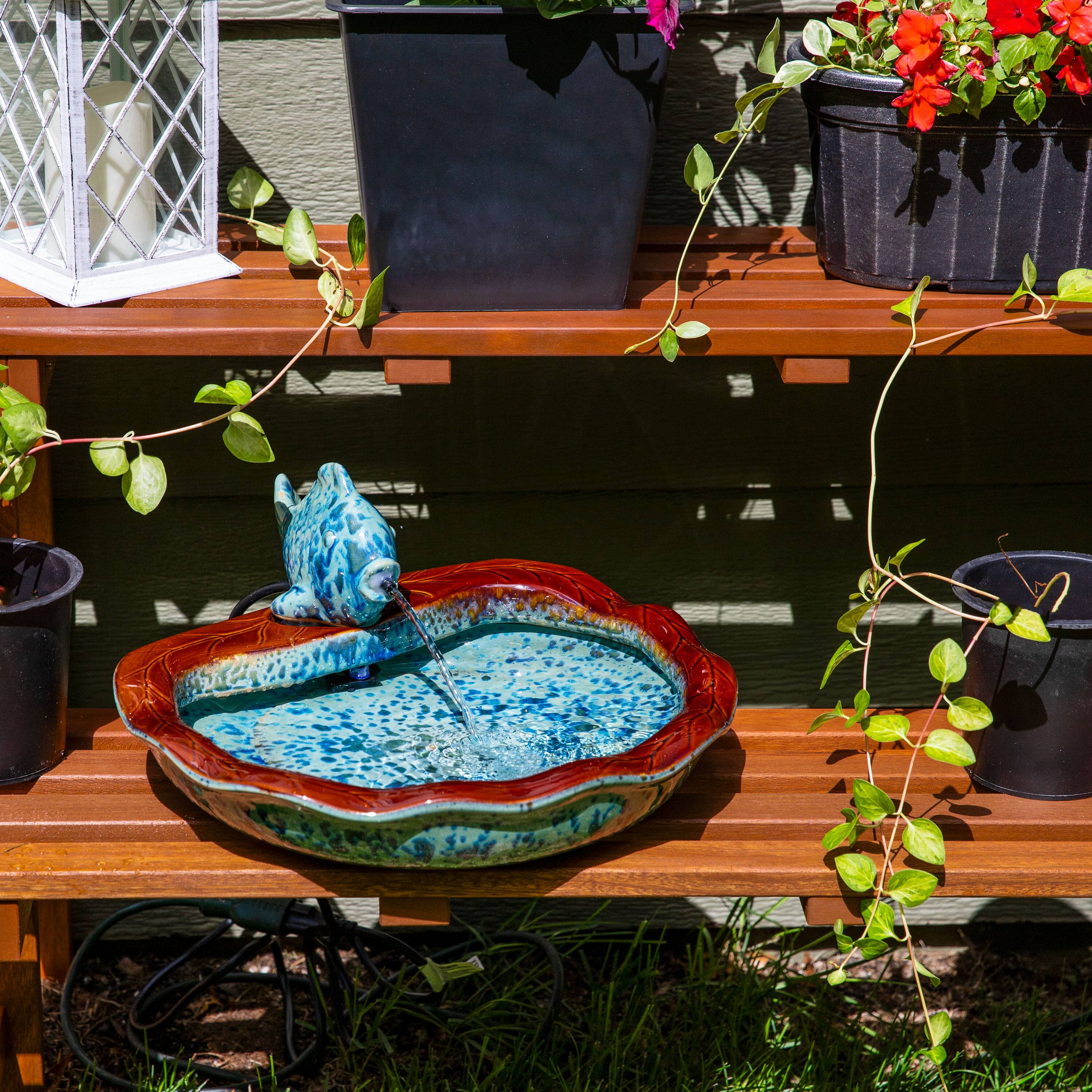 Alt View 8. Sunnydaze - Fish Glazed Ceramic Outdoor Water Fountain - Aqua/Brown.