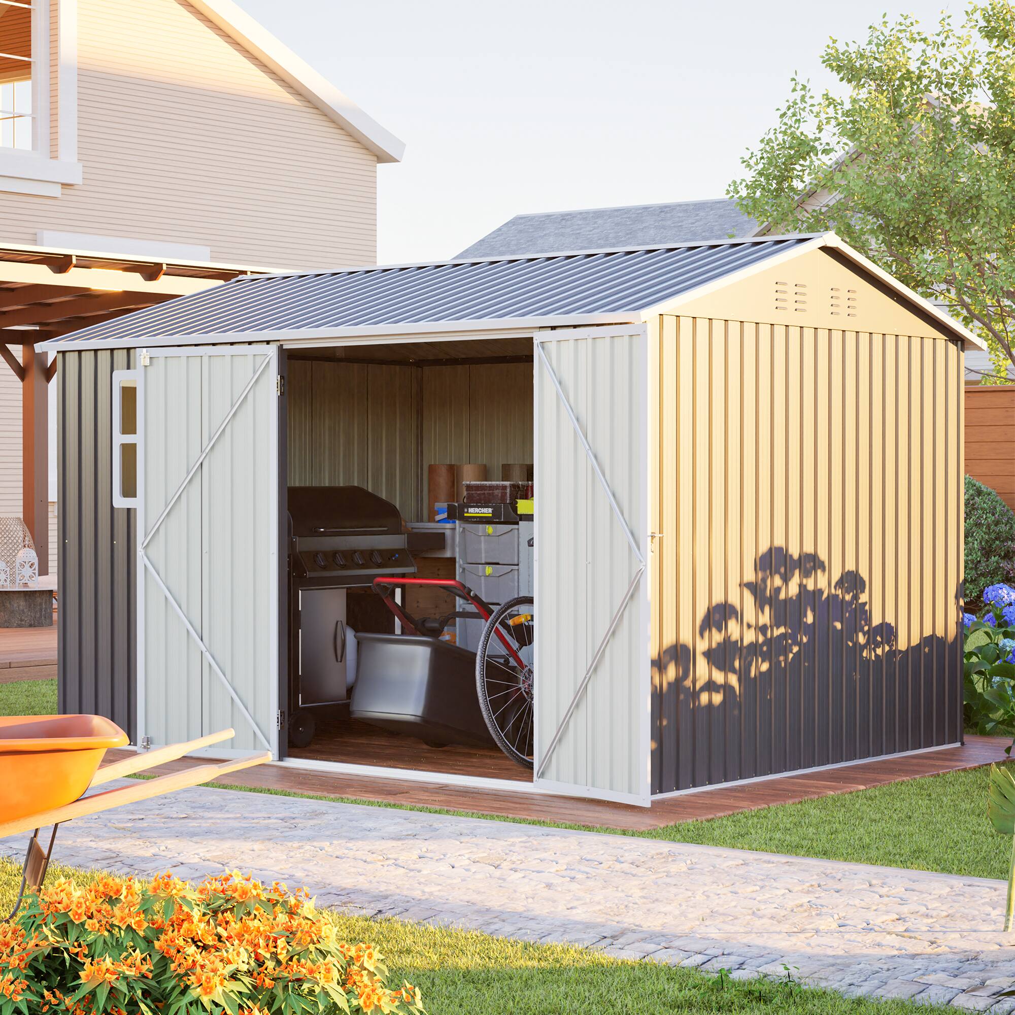 Alt View 9. Loheer - Loheer 10x8 Heavy Duty Metal Storage Shed Outdoor Tool Shed with Window and Lockable Doors Dark Gray.